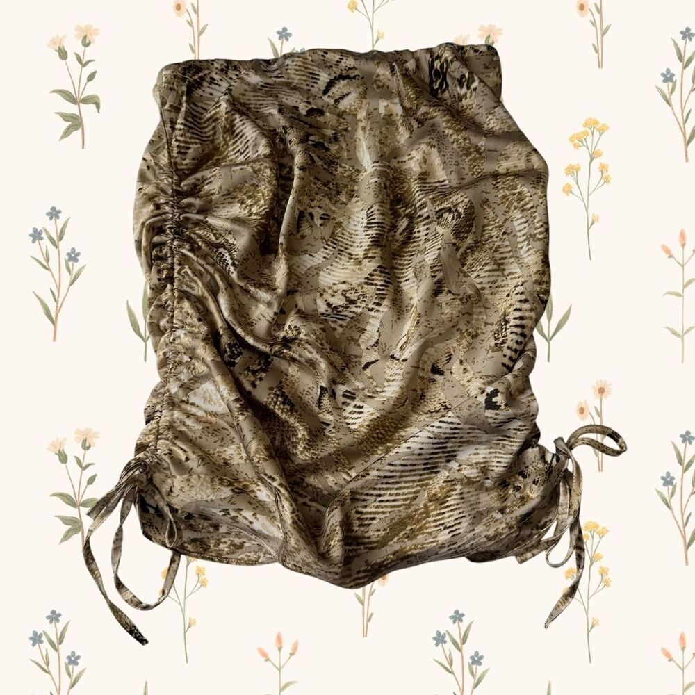 Mable Snake Print Satin Ruched Mini Skirt M Tan Brown Animal Print Side Tie Y2K
